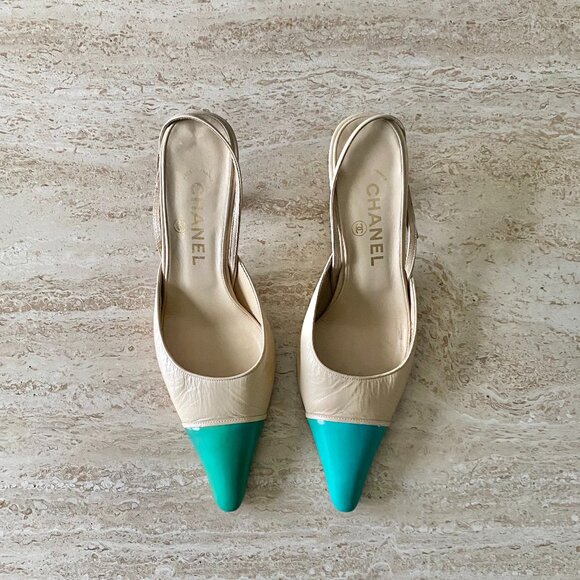 Vintage Chanel Cap Toe Slingback Kitten Heels